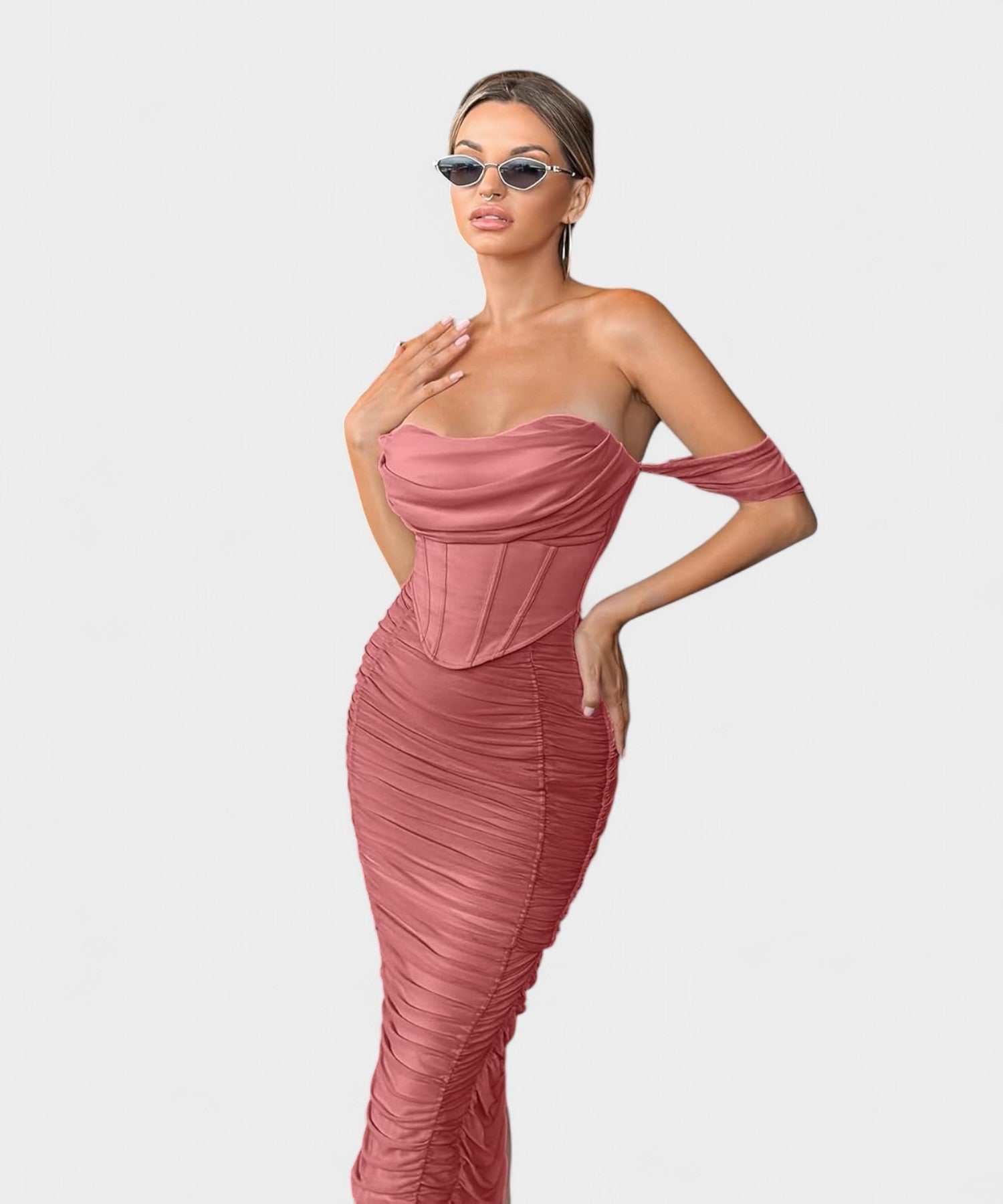 Sofia | Off - Shoulder Ruched Bodycon Midi Dress - Lora Toronto