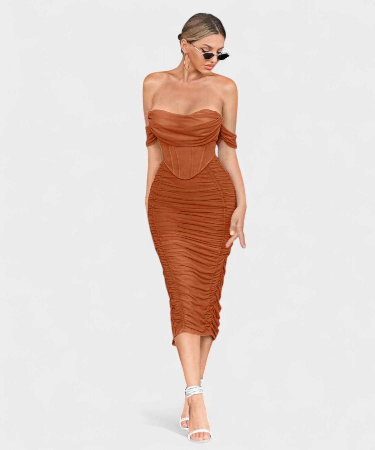 Sofia | Off - Shoulder Ruched Bodycon Midi Dress - Lora Toronto