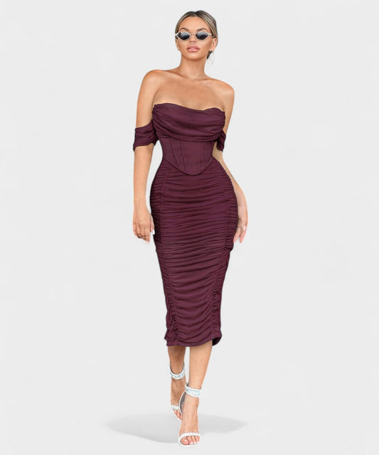 Sofia | Off - Shoulder Ruched Bodycon Midi Dress - Lora Toronto