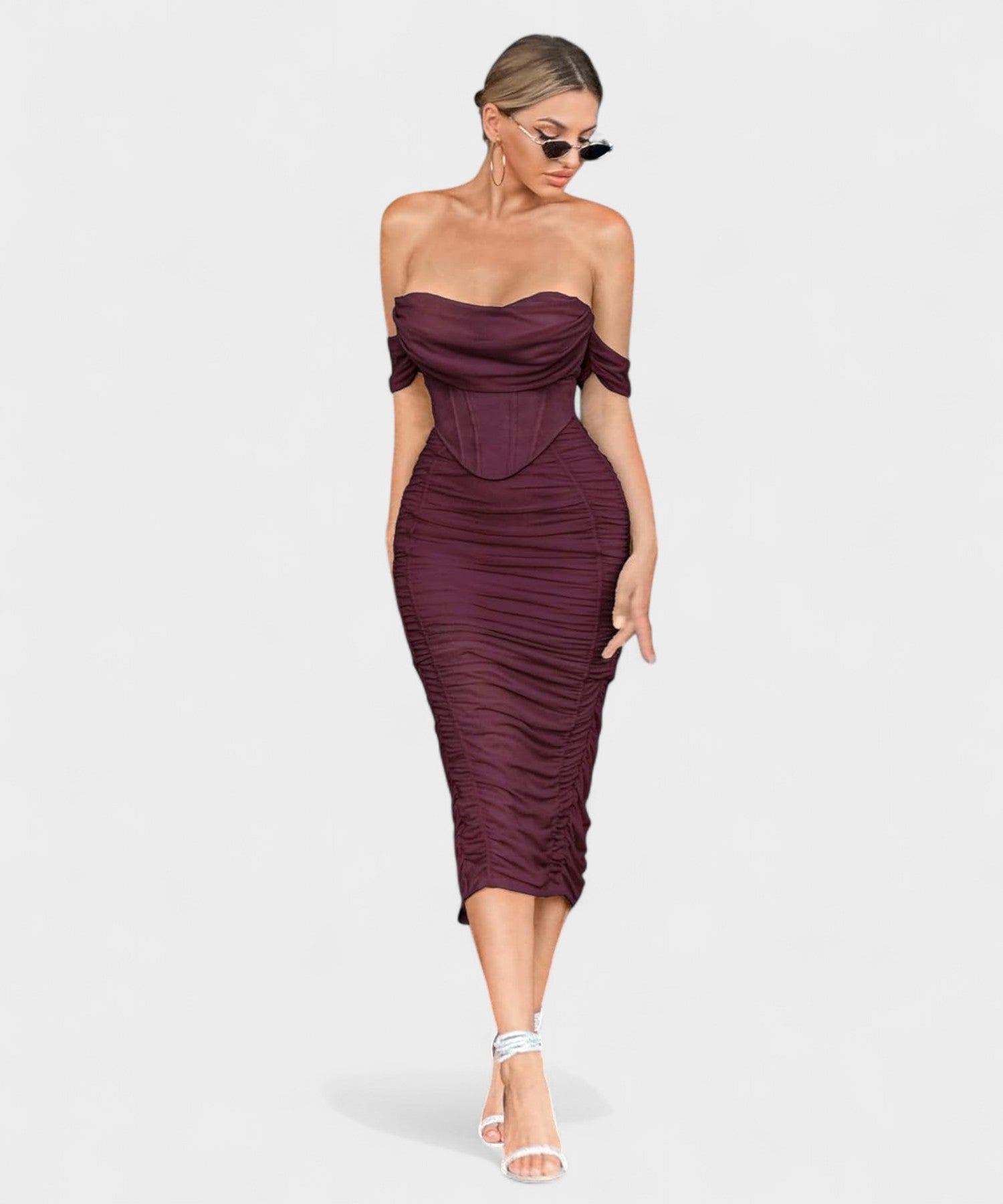 Sofia | Off - Shoulder Ruched Bodycon Midi Dress - Lora Toronto