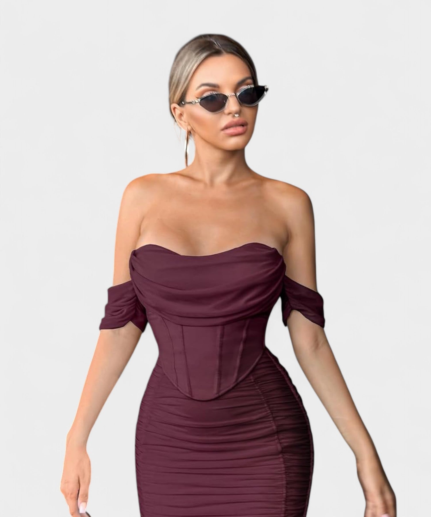 Sofia | Off - Shoulder Ruched Bodycon Midi Dress - Lora Toronto