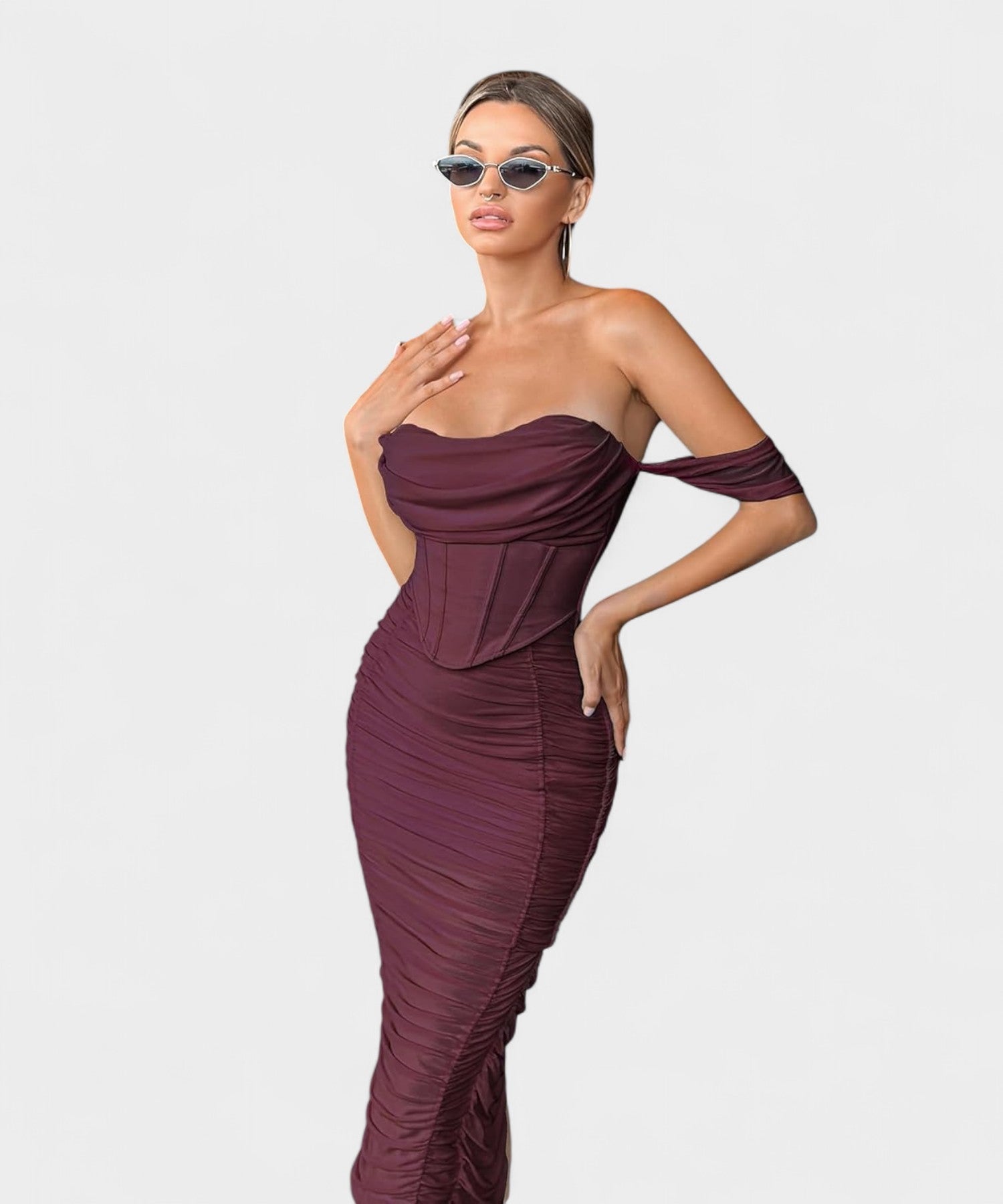 Sofia | Off - Shoulder Ruched Bodycon Midi Dress - Lora Toronto