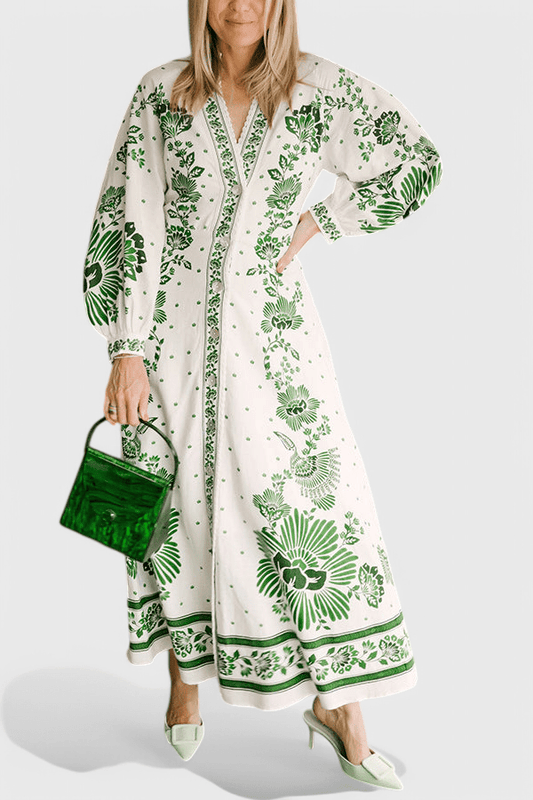 Unique | Print Button Down Long Sleeve Shirt Maxi Dress - Lora Toronto